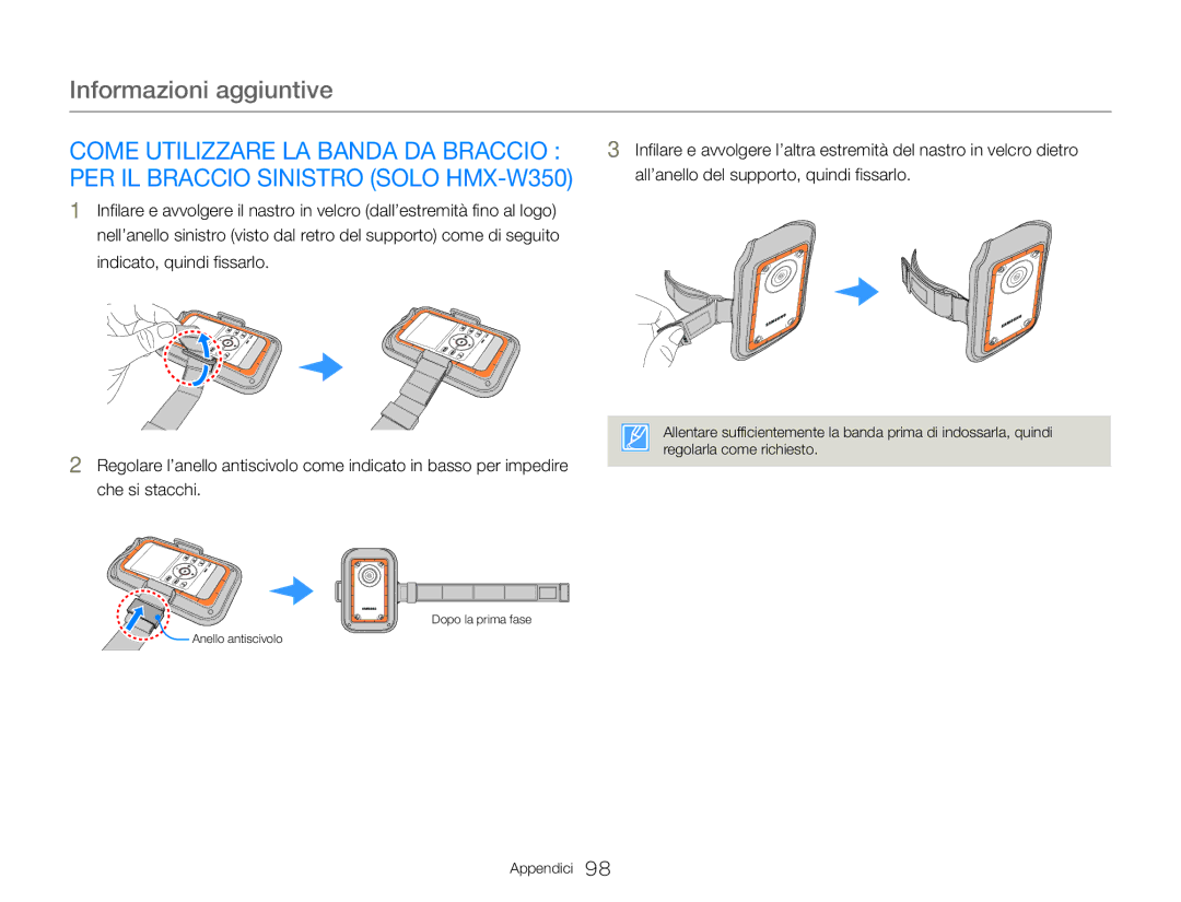 Samsung HMX-W300BP/EDC, HMX-W300RP/EDC manual Come Utilizzare LA Banda DA Braccio, PER IL Braccio Sinistro Solo HMX-W350 