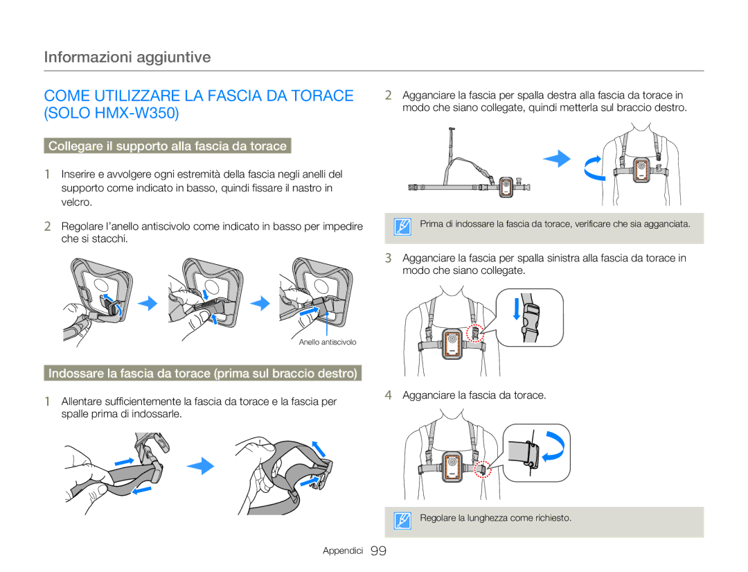Samsung HMX-W300YP/EDC Come Utilizzare LA Fascia DA Torace Solo HMX-W350, Collegare il supporto alla fascia da torace 
