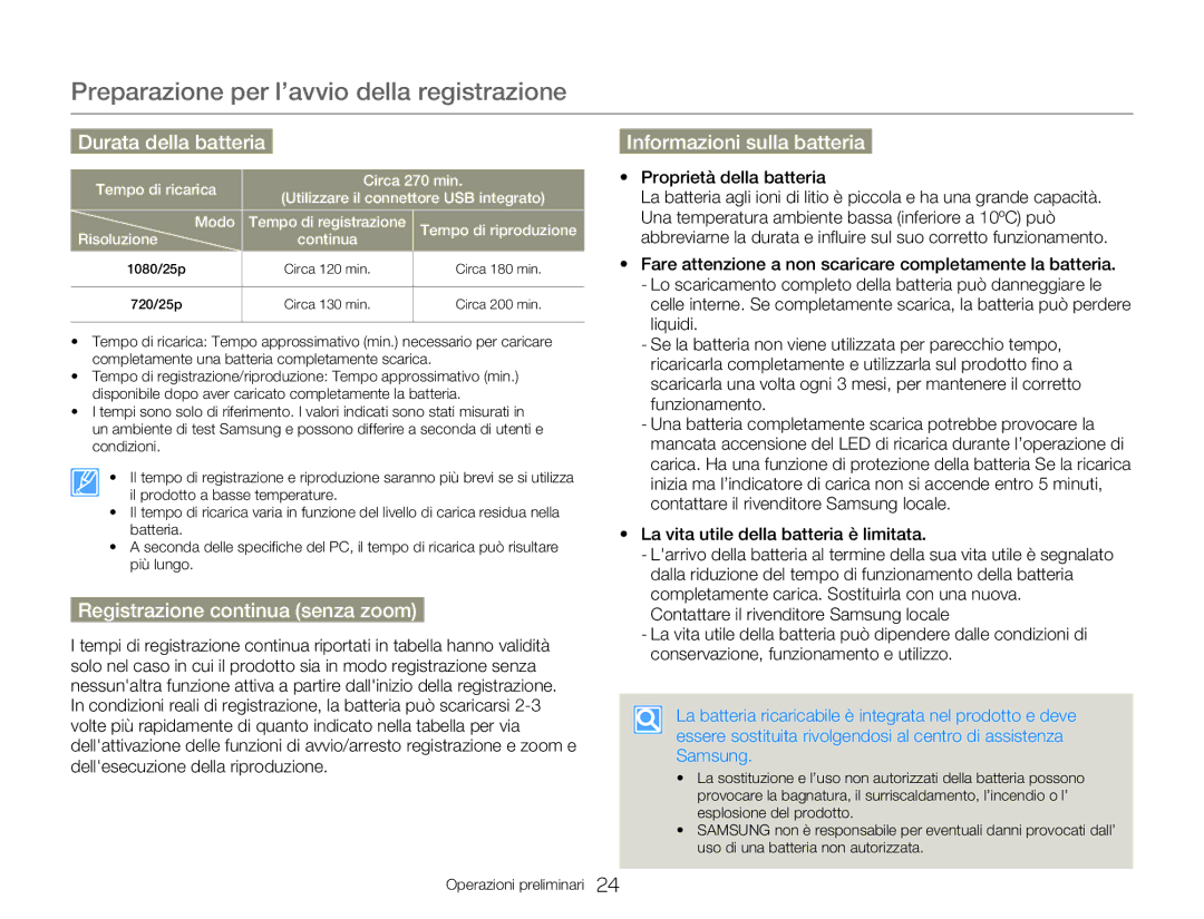 Samsung HMX-W300RP/EDC manual Durata della batteria Informazioni sulla batteria, Registrazione continua senza zoom 