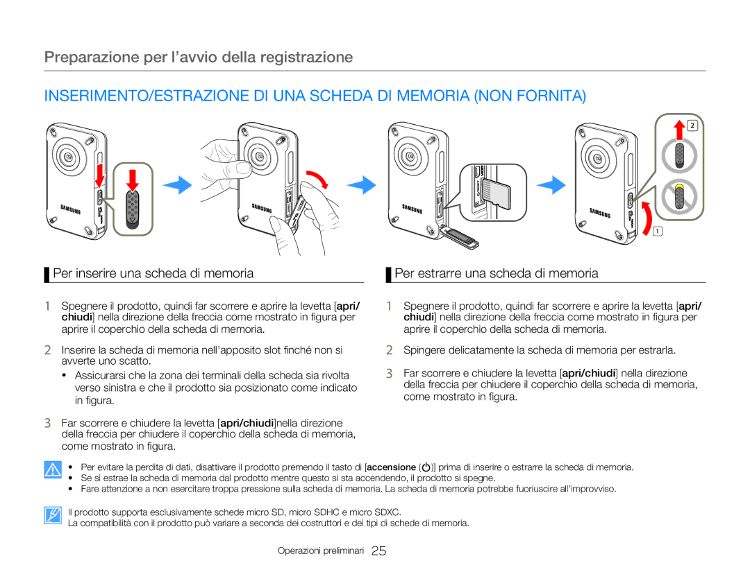 Samsung HMX-W350BP/EDC INSERIMENTO/ESTRAZIONE DI UNA Scheda DI Memoria NON Fornita, Per inserire una scheda di memoria 