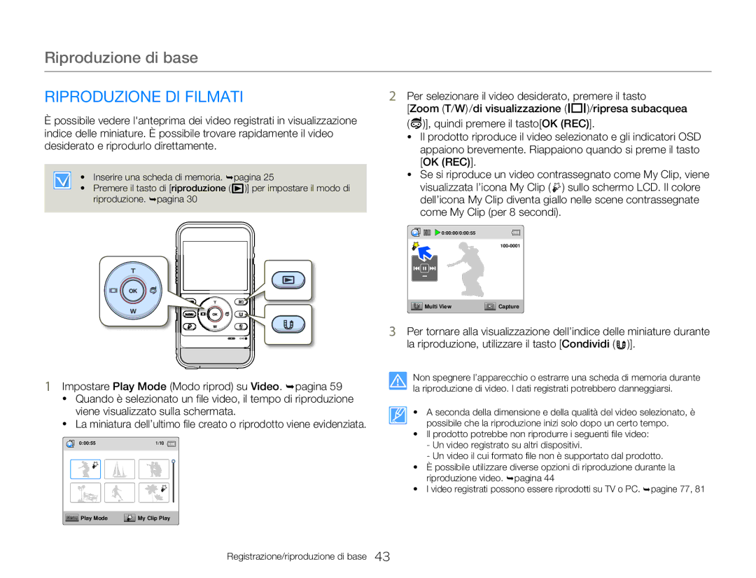 Samsung HMX-W300YP/EDC, HMX-W300RP/EDC, HMX-W350BP/EDC, HMX-W300BP/EDC manual Riproduzione di base, Riproduzione DI Filmati 