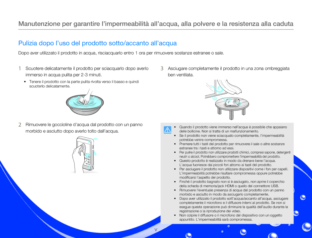 Samsung HMX-W350BP/EDC, HMX-W300RP/EDC, HMX-W300BP/EDC manual Pulizia dopo l’uso del prodotto sotto/accanto all’acqua 