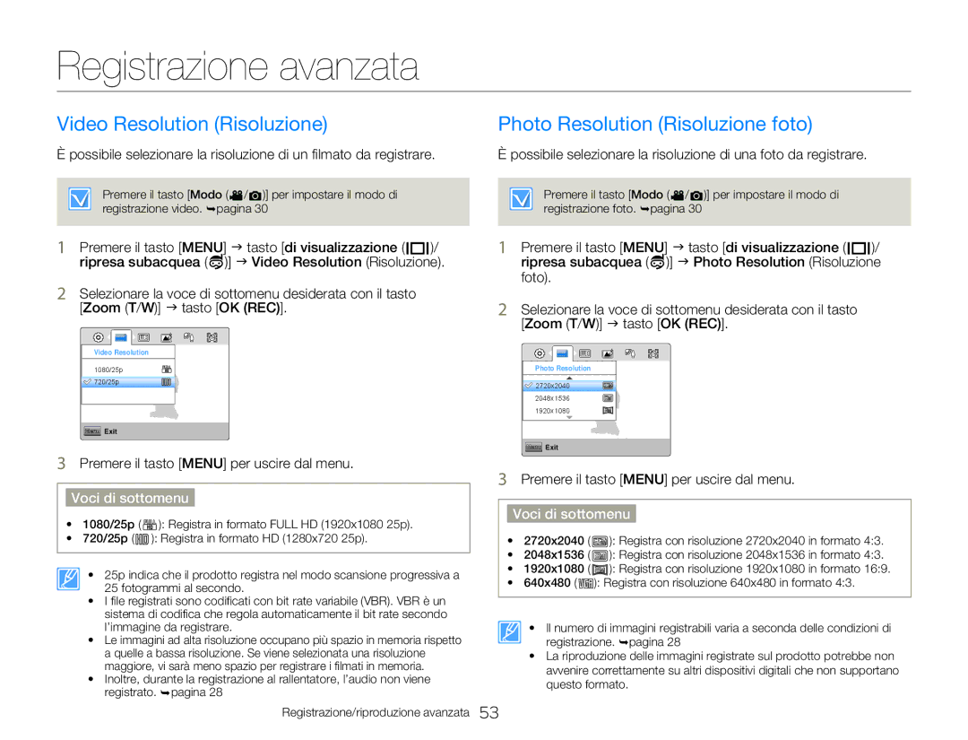 Samsung HMX-W350BP/EDC manual Registrazione avanzata, Video Resolution Risoluzione, Photo Resolution Risoluzione foto 