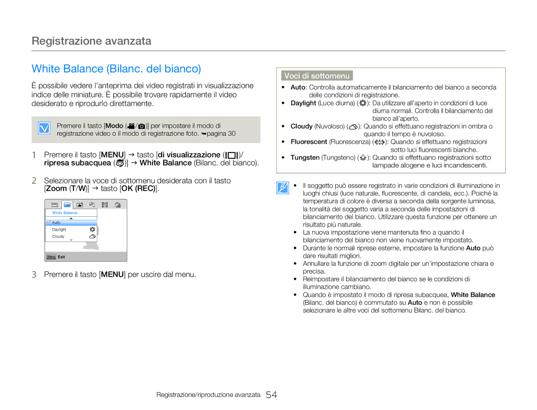 Samsung HMX-W300BP/EDC, HMX-W300RP/EDC, HMX-W350BP/EDC manual Registrazione avanzata, White Balance Bilanc. del bianco 