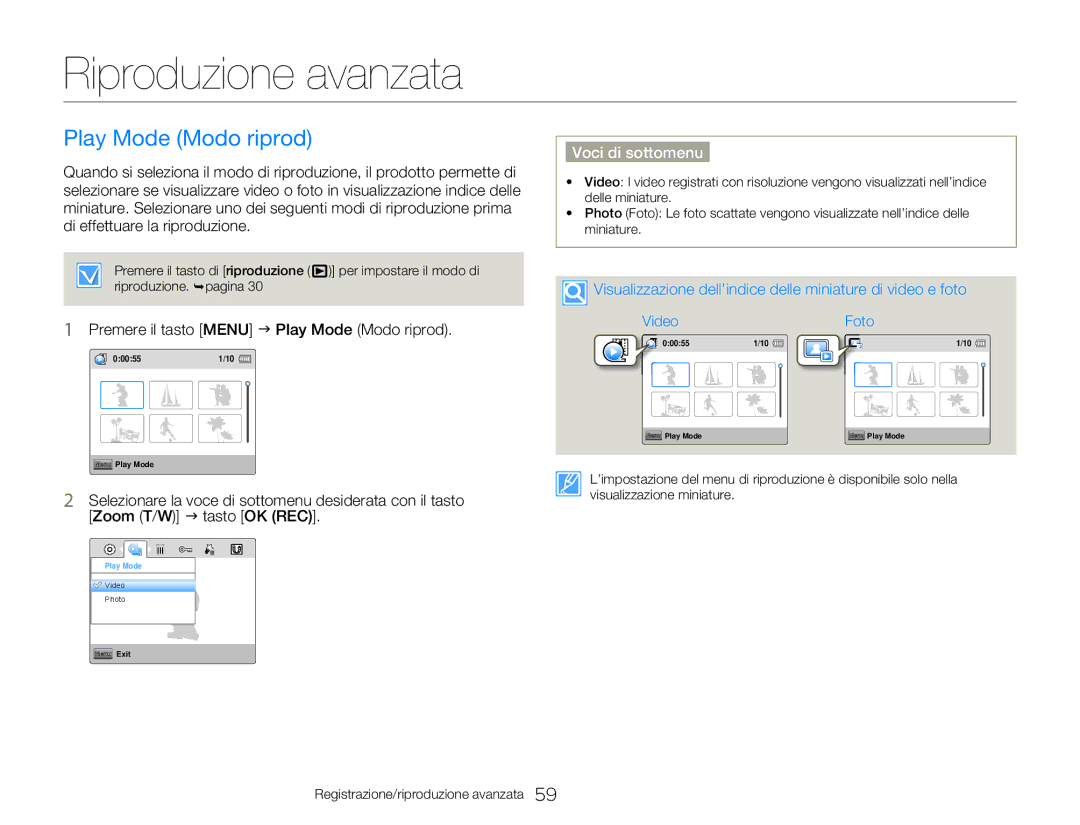 Samsung HMX-W300YP/EDC, HMX-W300RP/EDC manual Riproduzione avanzata, Premere il tasto Menu J Play Mode Modo riprod 