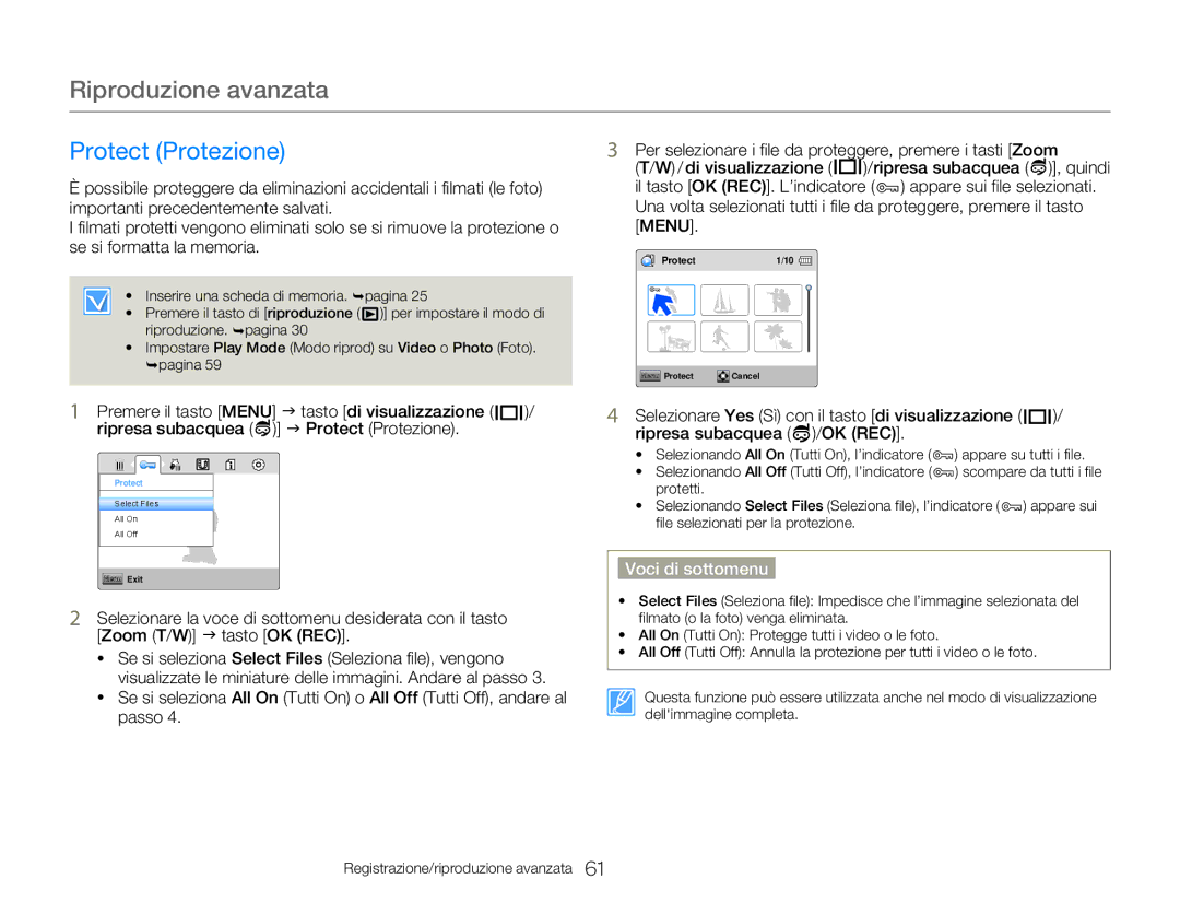 Samsung HMX-W350BP/EDC, HMX-W300RP/EDC manual Protect Protezione, Per selezionare i file da proteggere, premere i tasti Zoom 