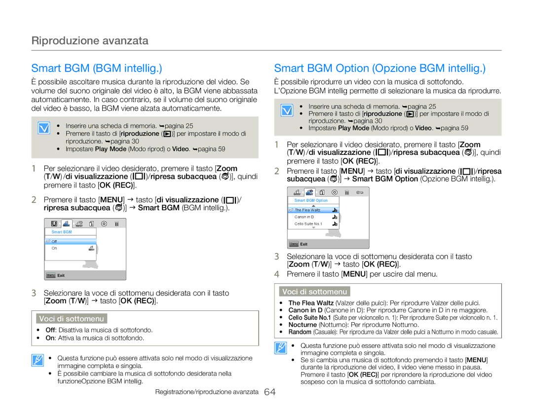 Samsung HMX-W300RP/EDC manual Smart BGM BGM intellig Smart BGM Option Opzione BGM intellig, Zoom T/W J tasto OK REC 