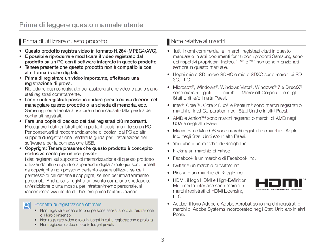 Samsung HMX-W300YP/EDC, HMX-W300RP/EDC Prima di leggere questo manuale utente, Prima di utilizzare questo prodotto 