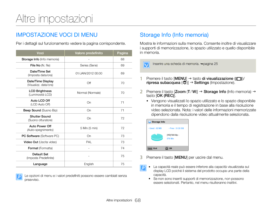 Samsung HMX-W300RP/EDC manual Impostazione Voci DI Menu, Storage Info Info memoria, Voci Valore predefinito Pagina 