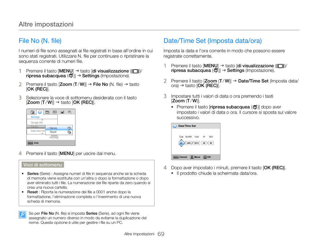 Samsung HMX-W350BP/EDC, HMX-W300RP/EDC, HMX-W300BP/EDC Altre impostazioni, File No N. file, Date/Time Set Imposta data/ora 