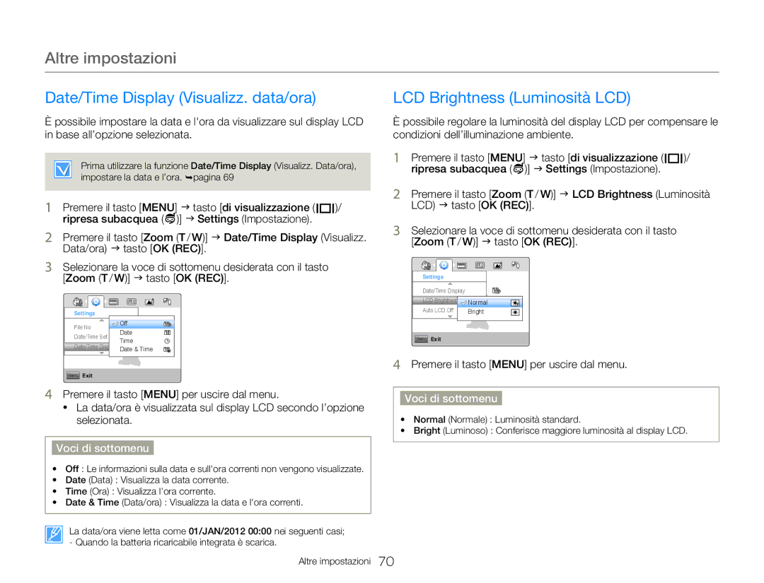Samsung HMX-W300BP/EDC, HMX-W300RP/EDC, HMX-W350BP/EDC Date/Time Display Visualizz. data/ora, LCD Brightness Luminosità LCD 