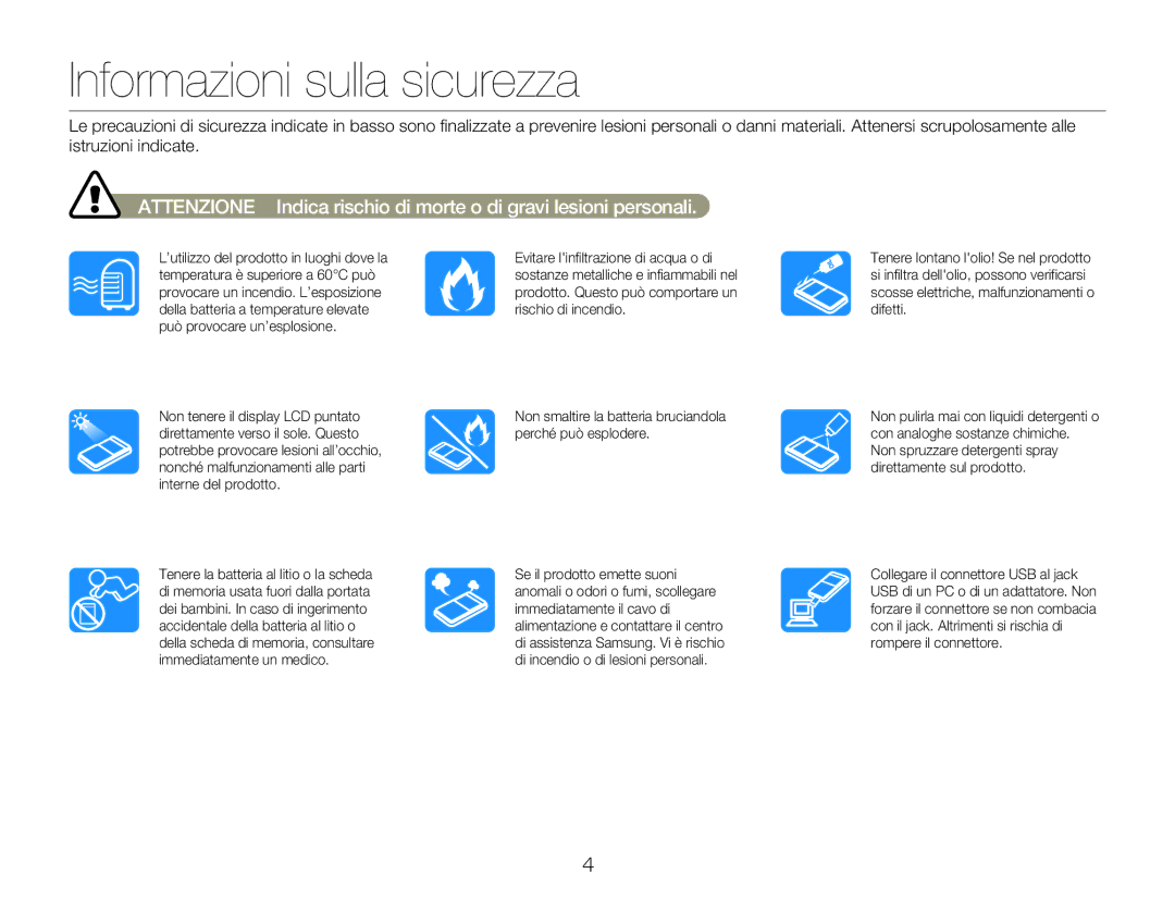 Samsung HMX-W300RP/EDC, HMX-W350BP/EDC, HMX-W300BP/EDC, HMX-W300YP/EDC manual Informazioni sulla sicurezza 