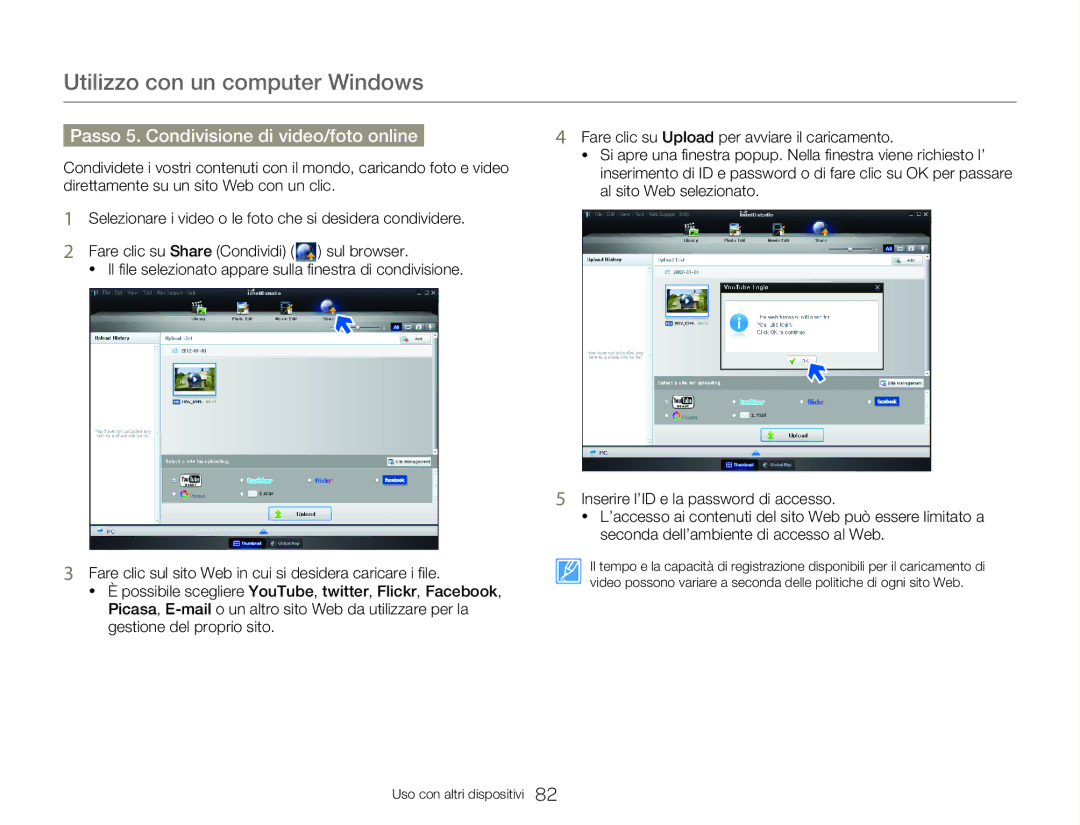 Samsung HMX-W300BP/EDC, HMX-W300RP/EDC, HMX-W350BP/EDC, HMX-W300YP/EDC manual Passo 5. Condivisione di video/foto online 