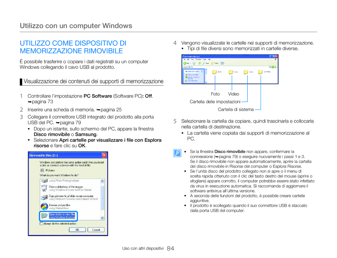 Samsung HMX-W300RP/EDC, HMX-W350BP/EDC, HMX-W300BP/EDC manual Utilizzo Come Dispositivo DI Memorizzazione Rimovibile 