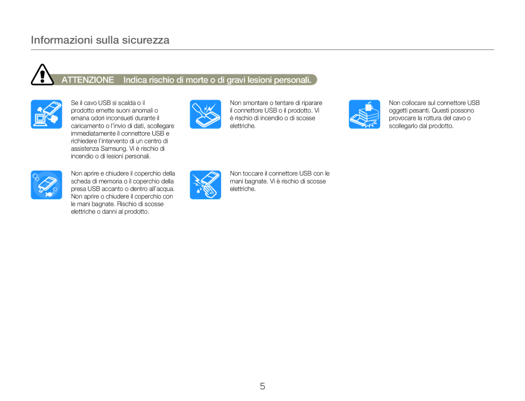 Samsung HMX-W350BP/EDC, HMX-W300RP/EDC, HMX-W300BP/EDC, HMX-W300YP/EDC manual Informazioni sulla sicurezza 