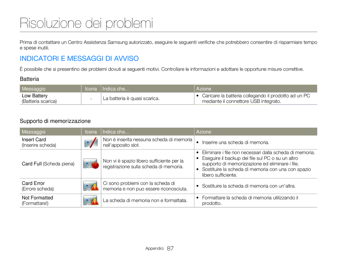 Samsung HMX-W300YP/EDC Risoluzione dei problemi, Indicatori E Messaggi DI Avviso, Batteria, Supporto di memorizzazione 