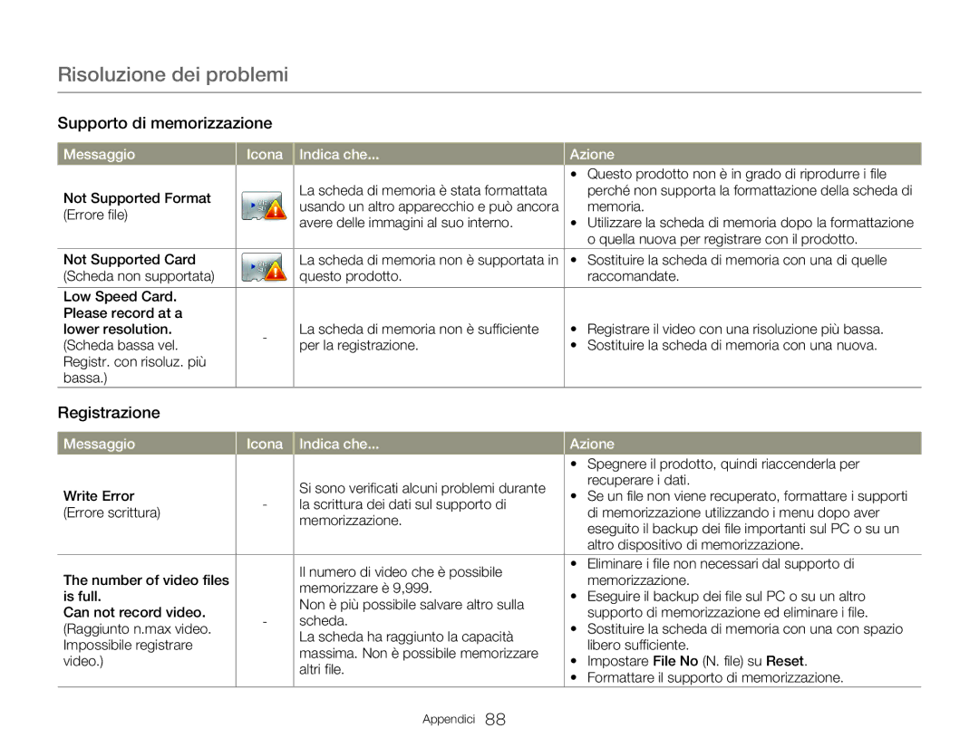 Samsung HMX-W300RP/EDC, HMX-W350BP/EDC, HMX-W300BP/EDC, HMX-W300YP/EDC manual Risoluzione dei problemi, Registrazione 