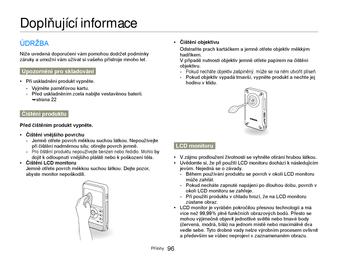 Samsung HMX-W300YP/EDC manual Doplňující informace, Údržba, Upozornění pro skladování, Čištění produktu, LCD monitoru 