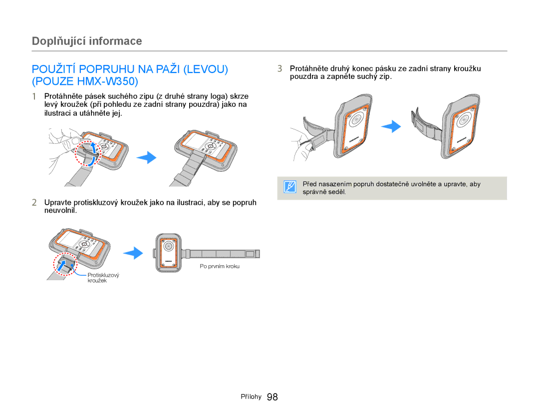 Samsung HMX-W300YP/EDC manual Použití Popruhu NA Paži Levou Pouze HMX-W350 