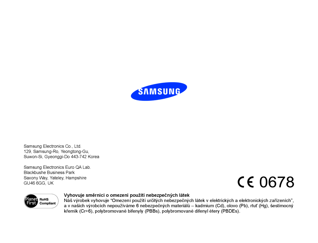 Samsung HMX-W300YP/EDC manual Vyhovuje směrnici o omezení použití nebezpečných látek 