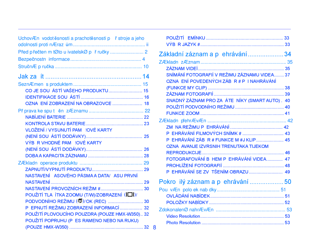 Samsung HMX-W300YP/EDC manual Obsah, Základní záznam a přehrávání, Pokročilý záznam a přehrávání 