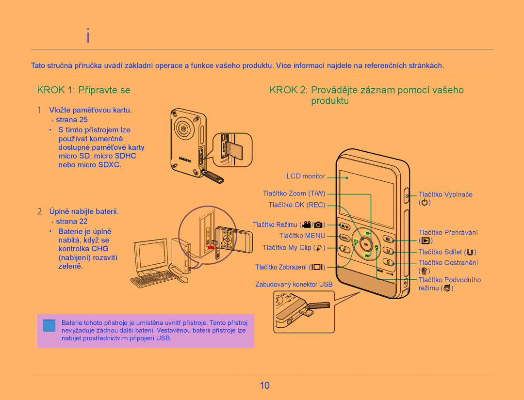 Samsung HMX-W300YP/EDC manual Stručná píručka, Krok 1 Připravte se 