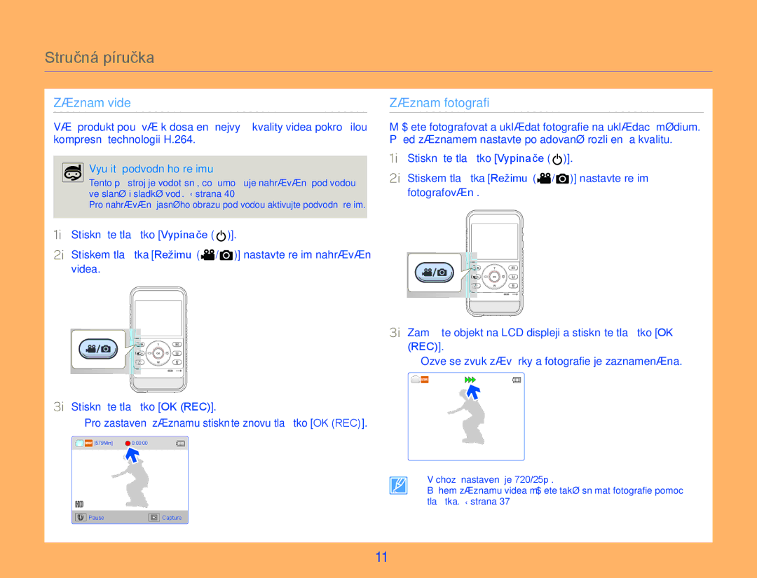 Samsung HMX-W300YP/EDC manual Stručná píručka, Využití podvodního režimu, Rec 