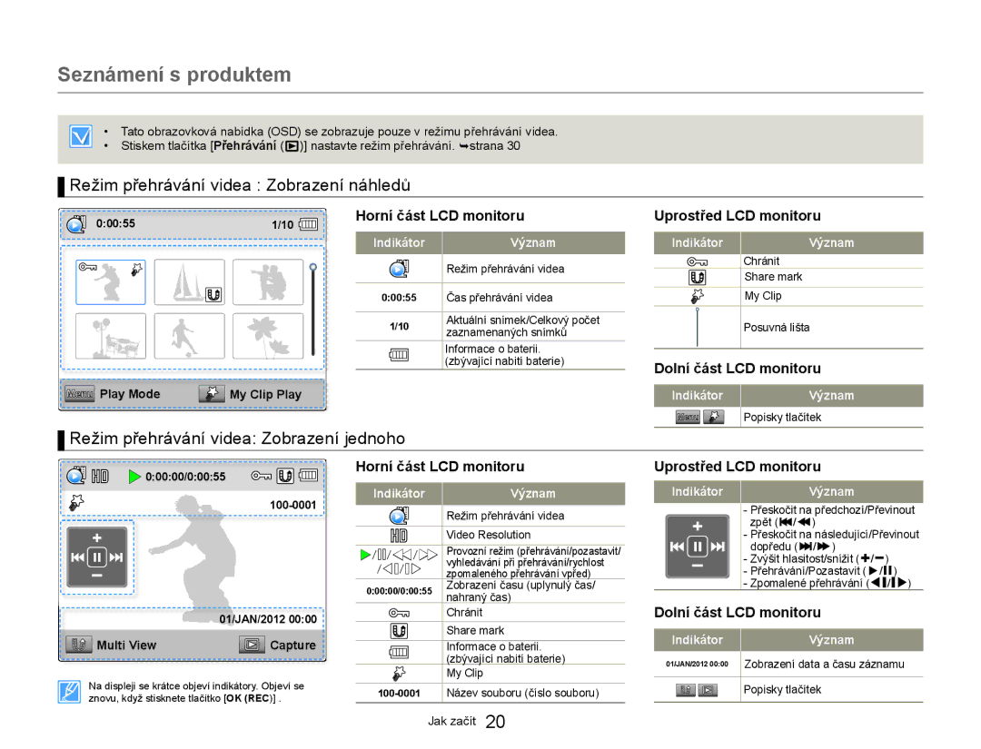 Samsung HMX-W300YP/EDC manual Režim přehrávání videa Zobrazení náhledů, Režim přehrávání videa Zobrazení jednoho 