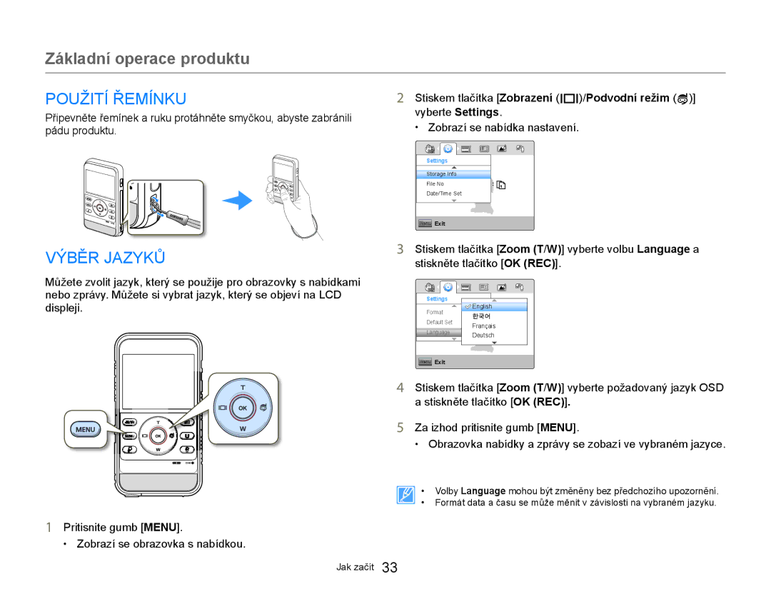 Samsung HMX-W300YP/EDC manual Použití Řemínku, Výběr Jazyků 