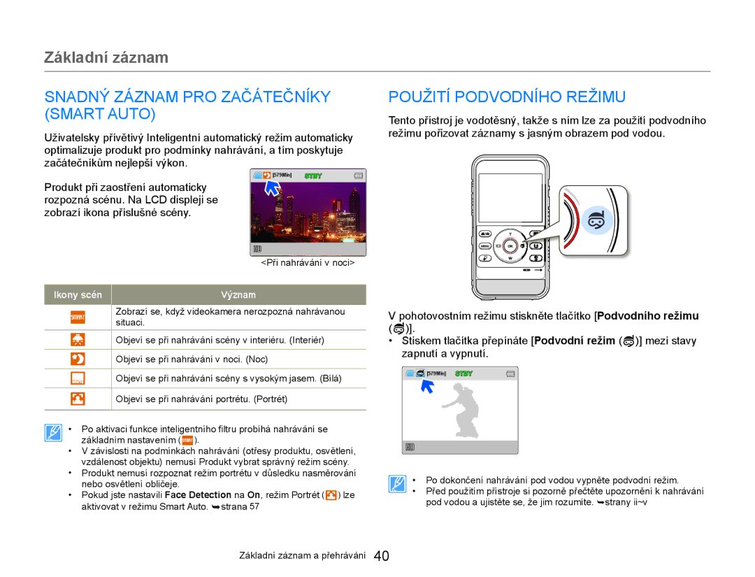 Samsung HMX-W300YP/EDC manual Stiskem tlačítka přepínáte Podvodní režim Mezi stavy, Zapnutí a vypnutí, Ikony scén Význam 