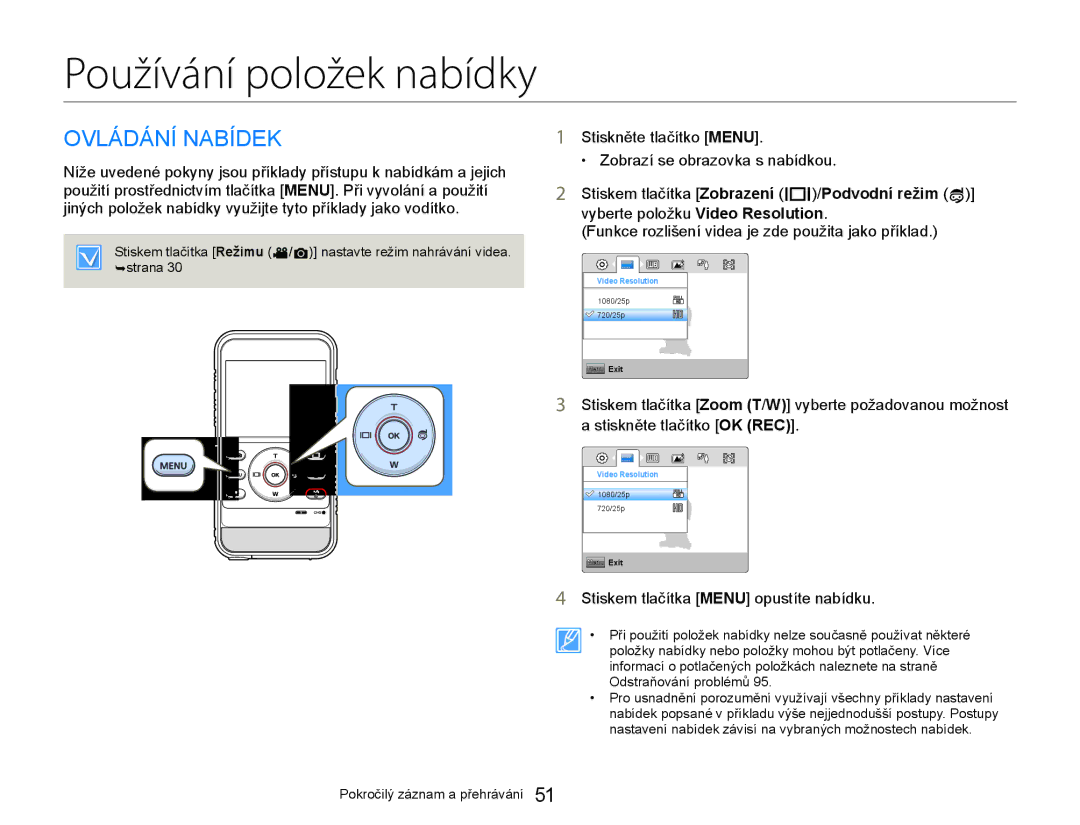 Samsung HMX-W300YP/EDC manual Používání položek nabídky, Ovládání Nabídek, Stiskem tlačítka Menu opustíte nabídku 