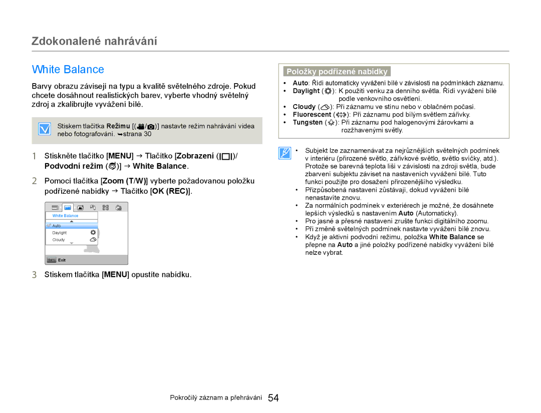 Samsung HMX-W300YP/EDC manual Zdokonalené nahrávání, White Balance 
