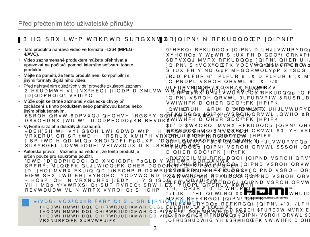 Samsung HMX-W300YP/EDC manual Před přečtením této uživatelské příručky, Před použitím tohoto produktu 