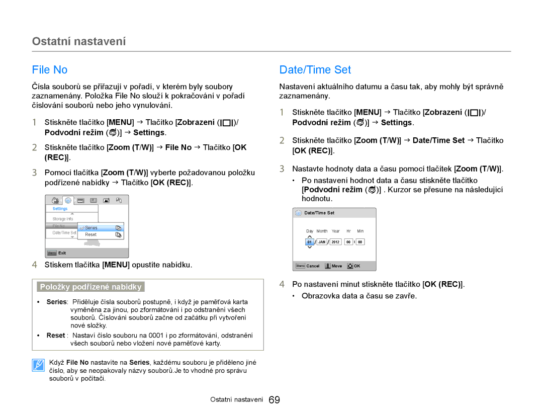 Samsung HMX-W300YP/EDC manual Ostatní nastavení, File No, Date/Time Set 