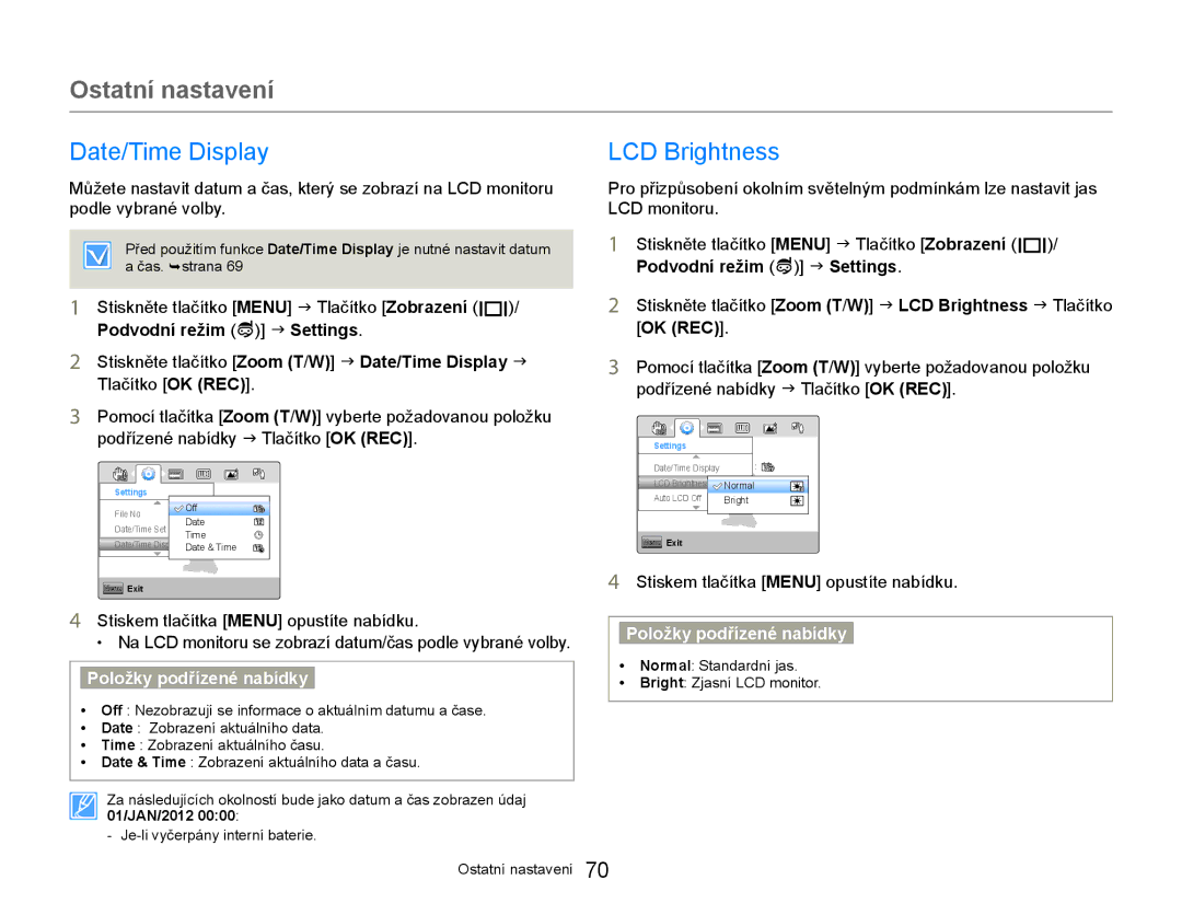 Samsung HMX-W300YP/EDC manual Date/Time Display, LCD Brightness 