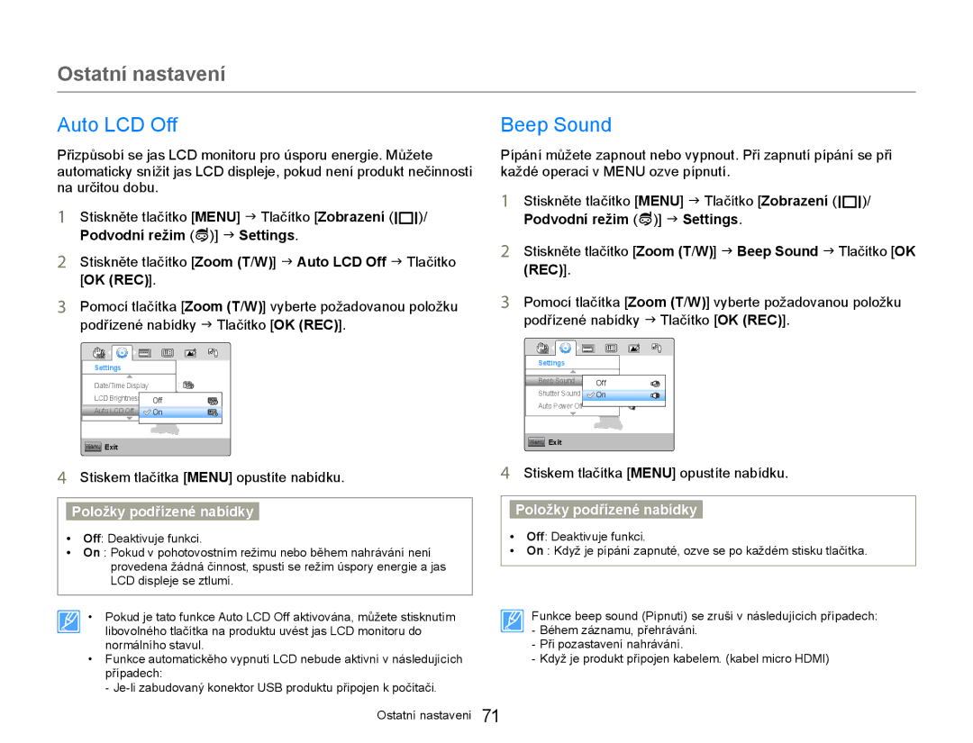 Samsung HMX-W300YP/EDC manual Auto LCD Off Beep Sound, Podvodní režim J Settings, Ok Rec 