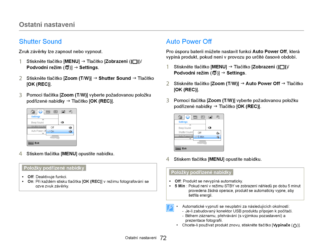 Samsung HMX-W300YP/EDC manual Shutter Sound, Auto Power Off, Zvuk závěrky lze zapnout nebo vypnout 