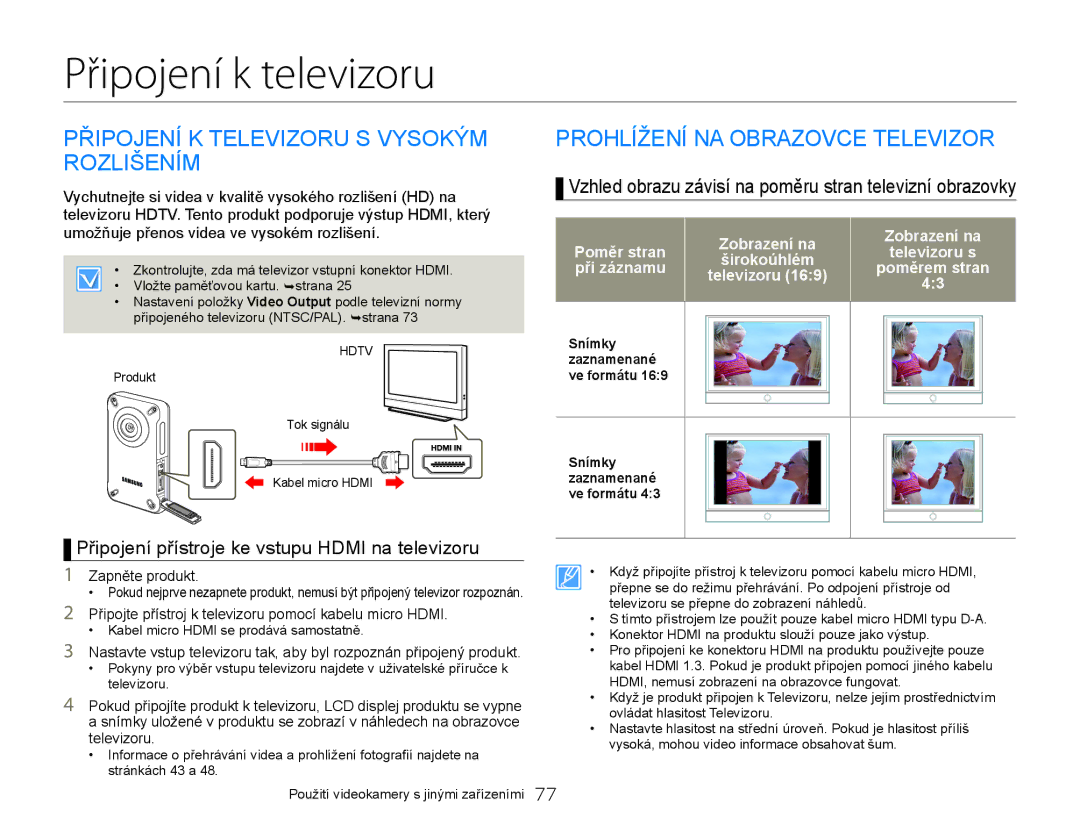 Samsung HMX-W300YP/EDC manual Připojení k televizoru, Připojení K Televizoru S Vysokým Rozlišením 