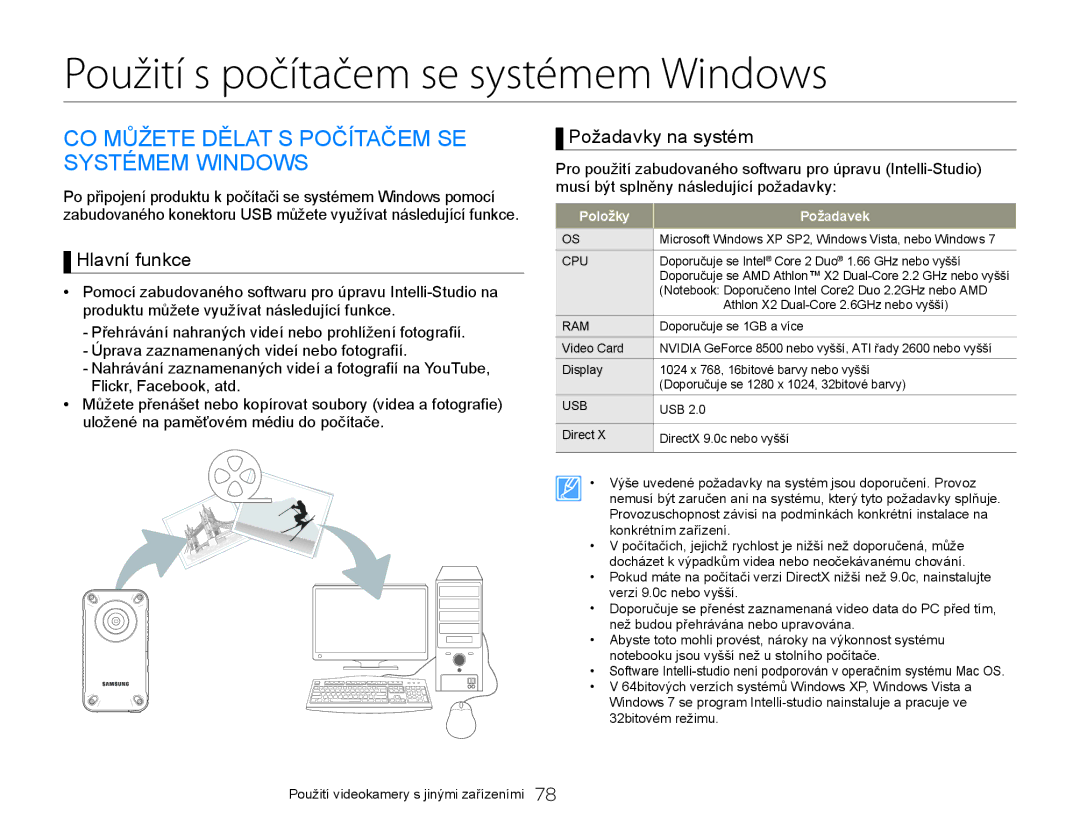 Samsung HMX-W300YP/EDC manual Použití s počítačem se systémem Windows, CO Můžete Dělat S Počítačem SE Systémem Windows 