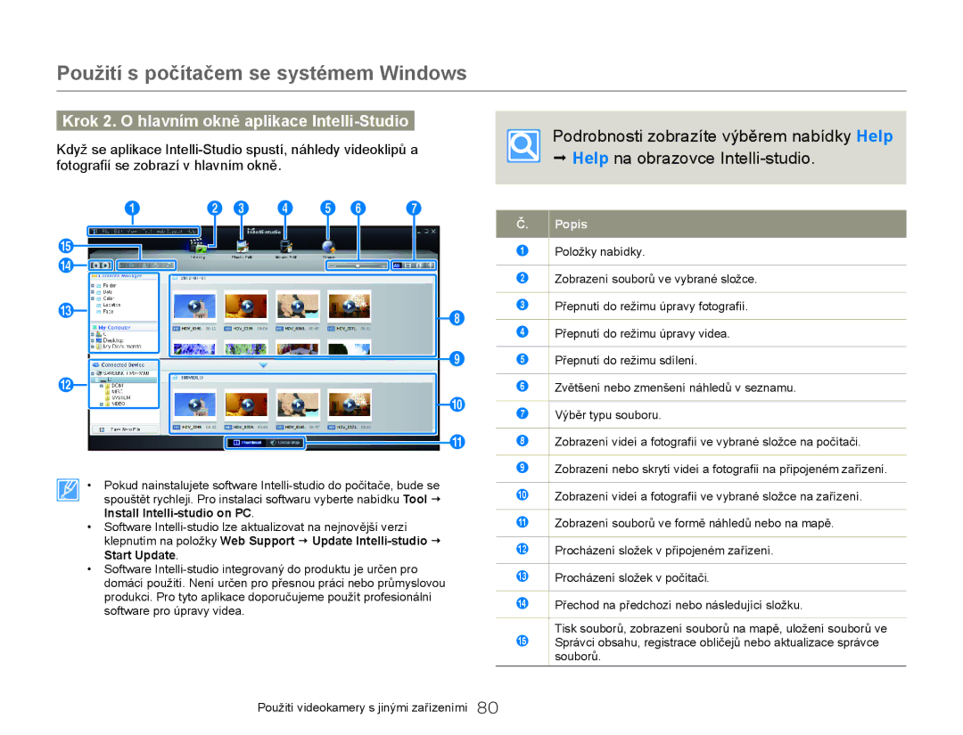 Samsung HMX-W300YP/EDC manual Krok 2. O hlavním okně aplikace Intelli-Studio, Popis 