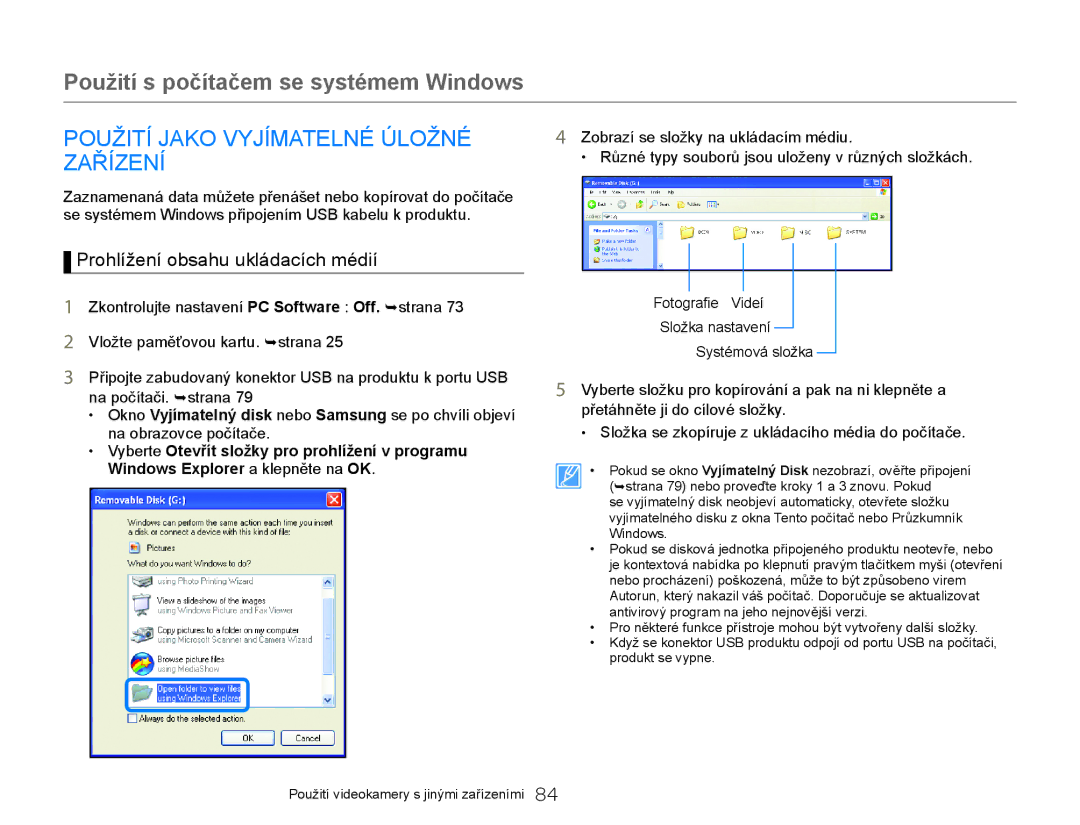 Samsung HMX-W300YP/EDC manual Použití Jako Vyjímatelné Úložné Zařízení, Prohlížení obsahu ukládacích médií 