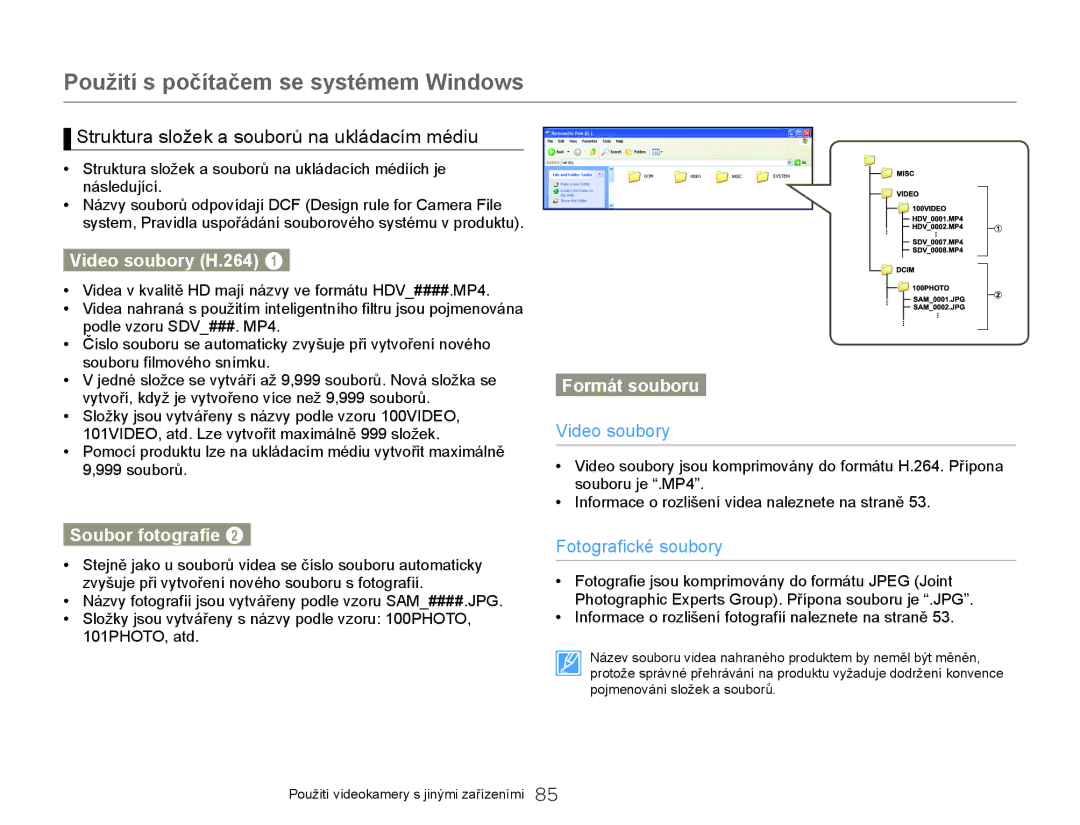 Samsung HMX-W300YP/EDC manual Struktura složek a souborů na ukládacím médiu, Video soubory H.264, Soubor fotografie 