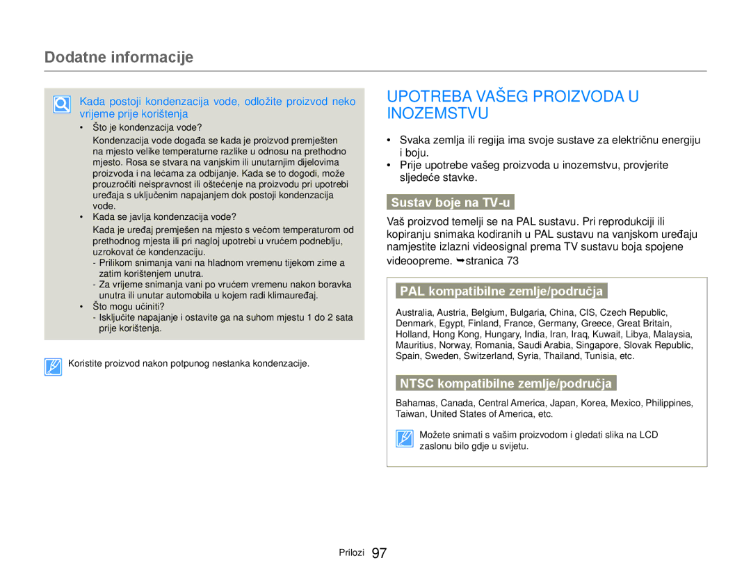 Samsung HMX-W300YP/EDC manual Dodatne informacije, Upotreba Vašeg Proizvoda U Inozemstvu, Sustav boje na TV-u 