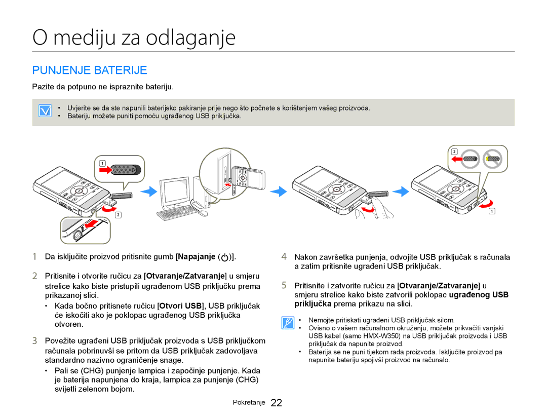 Samsung HMX-W300YP/EDC manual Mediju za odlaganje, Punjenje Baterije, Pazite da potpuno ne ispraznite bateriju 