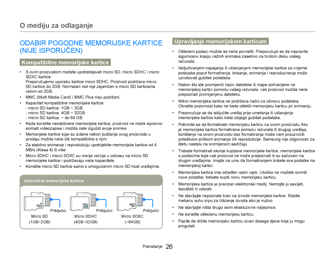 Samsung HMX-W300YP/EDC manual Odabir Pogodne Memorijske Kartice Nije Isporučen, Kompatibilne memorijske kartice 