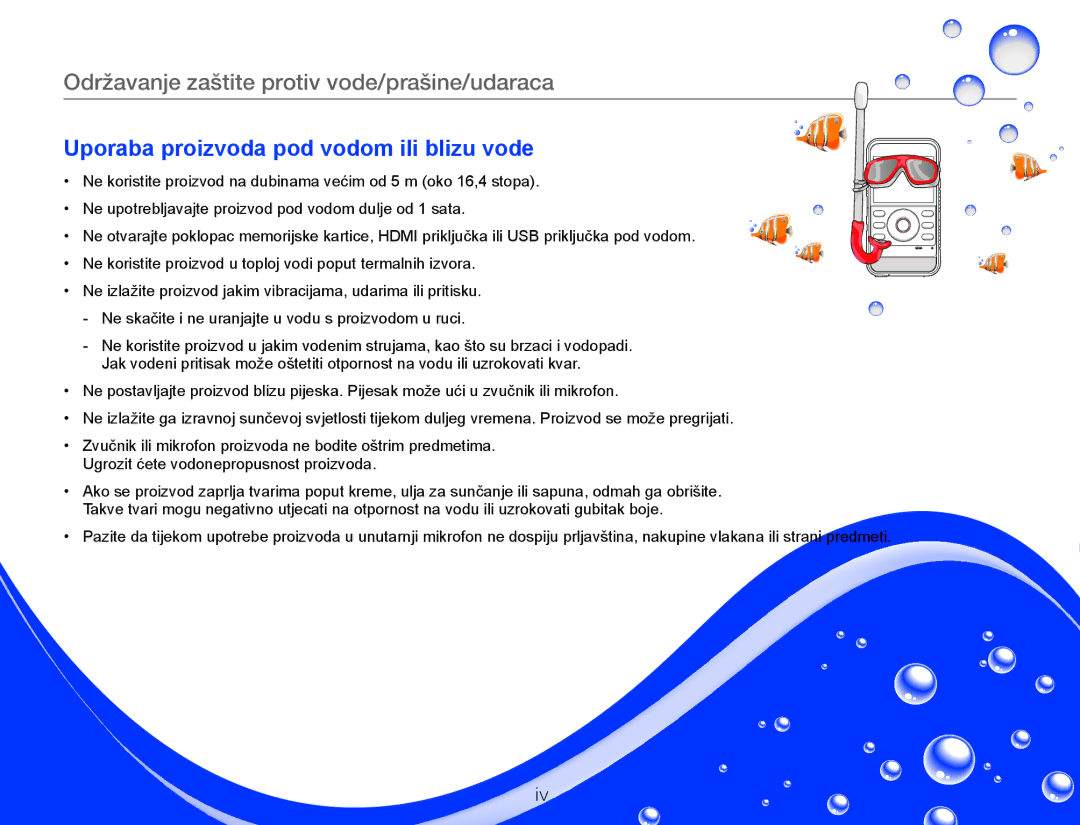 Samsung HMX-W300YP/EDC manual Uporaba proizvoda pod vodom ili blizu vode 