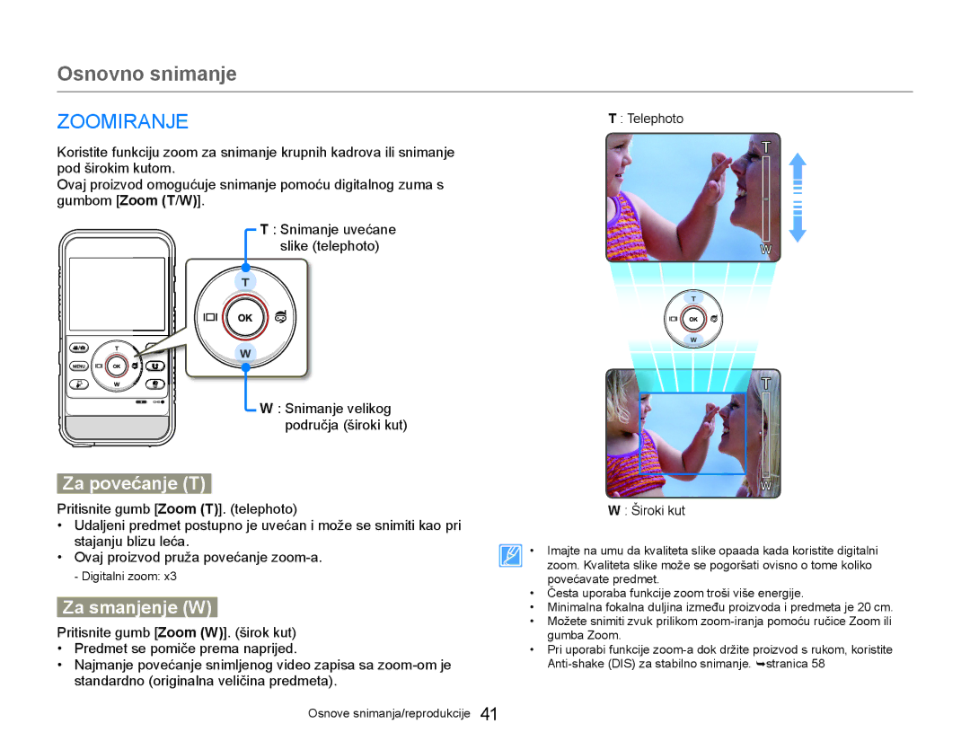 Samsung HMX-W300YP/EDC manual Zoomiranje, Za povećanje T 