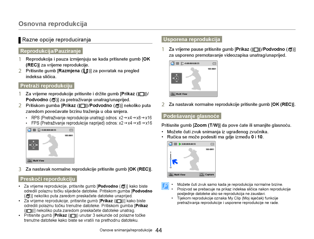 Samsung HMX-W300YP/EDC manual Reprodukcija/Pauziranje, Pretraži reprodukciju, Preskoči repordukciju, Usporena reprodukcija 