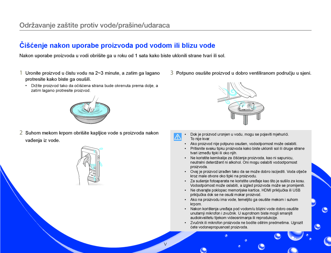 Samsung HMX-W300YP/EDC manual Čišćenje nakon uporabe proizvoda pod vodom ili blizu vode 