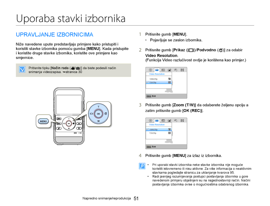 Samsung HMX-W300YP/EDC manual Uporaba stavki izbornika, Upravljanje Izbornicima, Video Resolution 